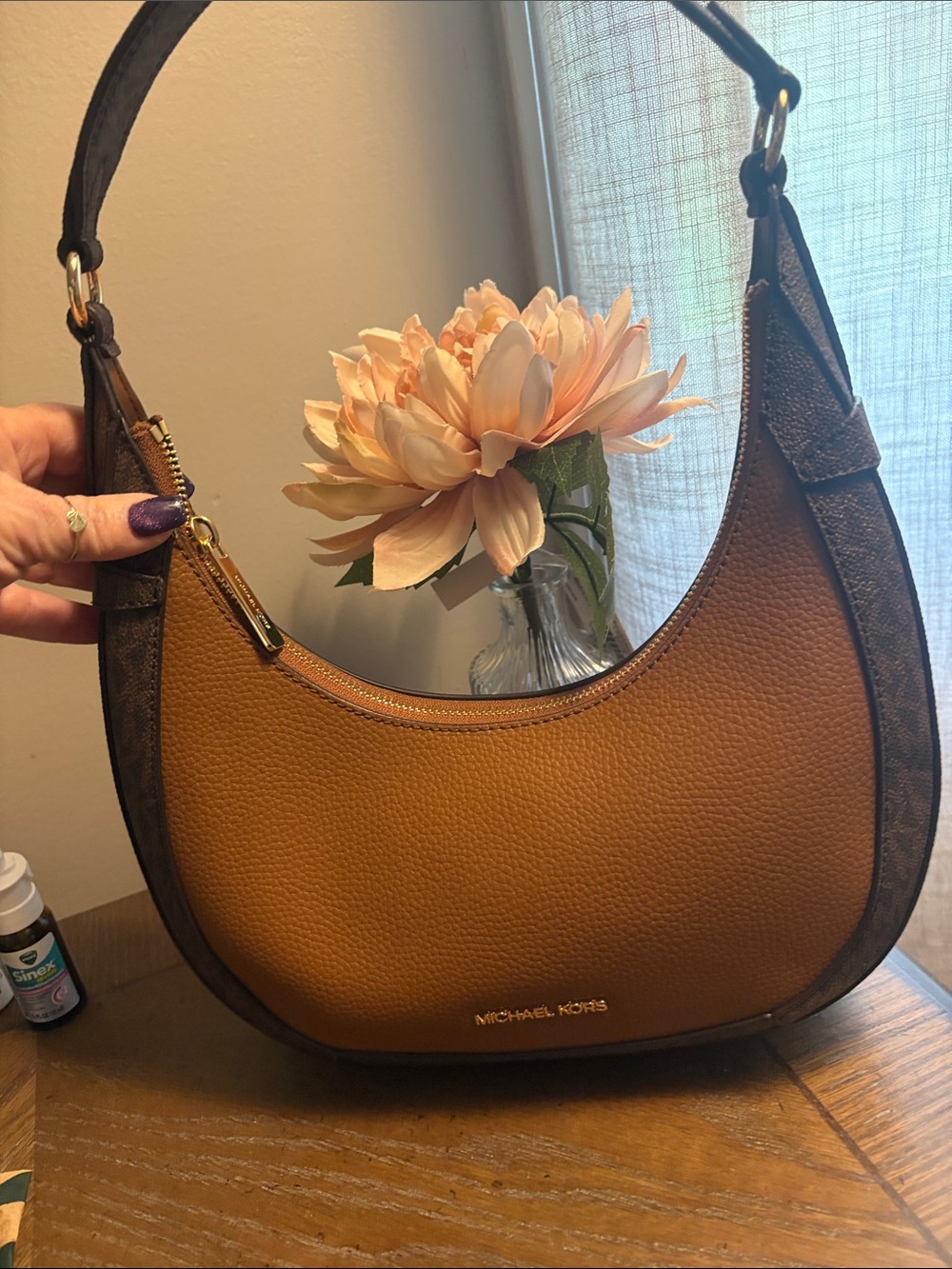 Michael Kors Two-Tone Cognac and Dark Brown Pebbled Leather Shoulder Bag